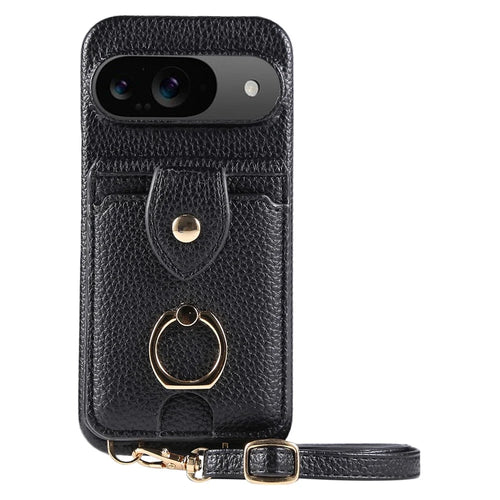 For Google Pixel 9 Case with Card Holder, Shoulder Strap PC+TPU Ring Kickstand Phone Back Cover - Black - 1
