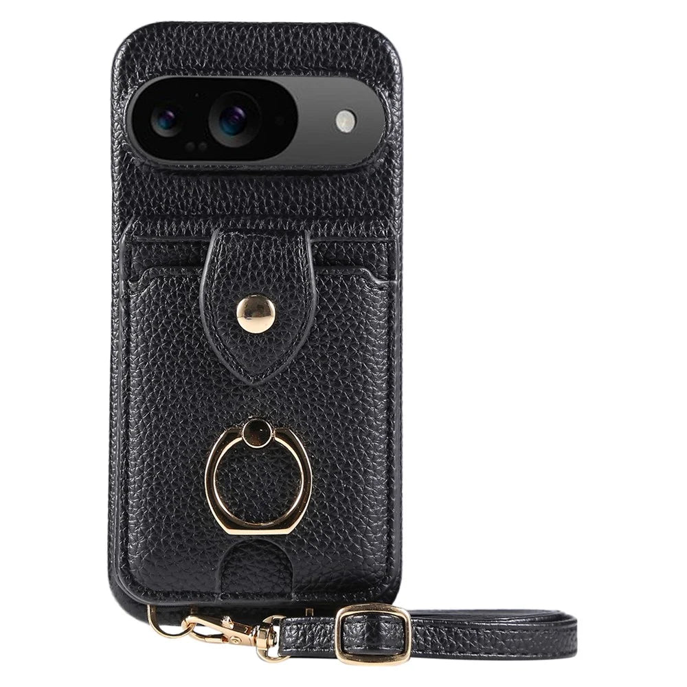 For Google Pixel 9 Case with Card Holder, Shoulder Strap PC+TPU Ring Kickstand Phone Back Cover - Black - 1
