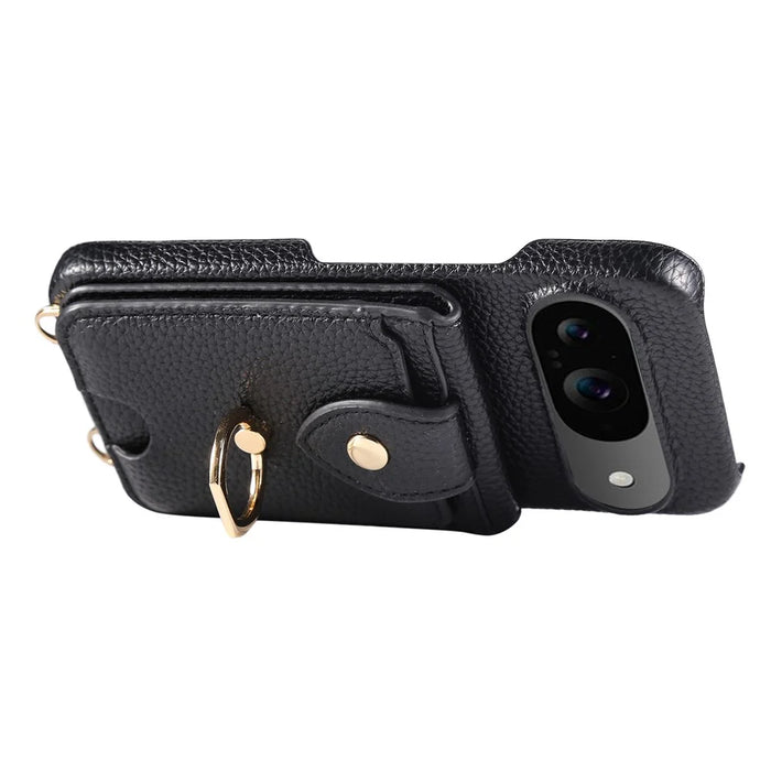 For Google Pixel 9 Case with Card Holder, Shoulder Strap PC+TPU Ring Kickstand Phone Back Cover - Black - 2