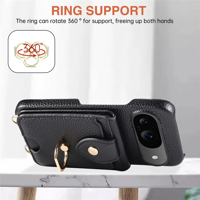 For Google Pixel 9 Case with Card Holder, Shoulder Strap PC+TPU Ring Kickstand Phone Back Cover - Black - 5