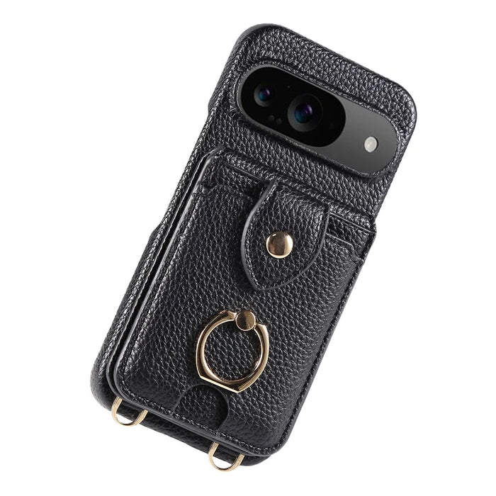 For Google Pixel 9 Case with Card Holder, Shoulder Strap PC+TPU Ring Kickstand Phone Back Cover - Black - 6