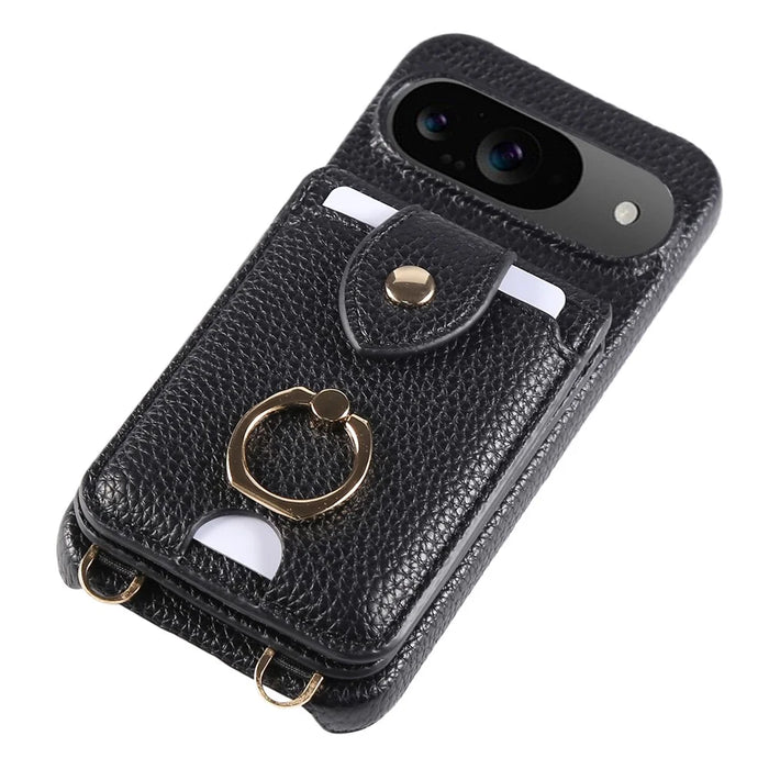 For Google Pixel 9 Case with Card Holder, Shoulder Strap PC+TPU Ring Kickstand Phone Back Cover - Black - 7