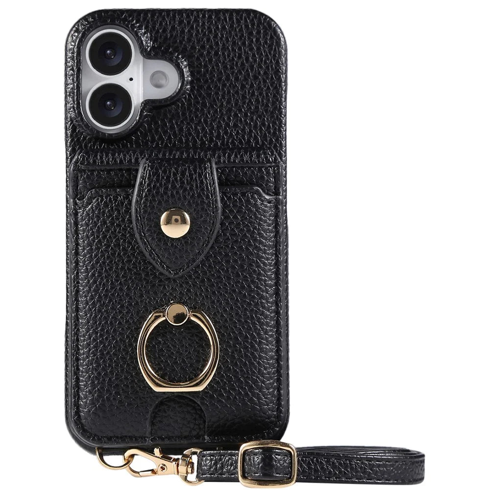 For iPhone 16 Plus Case with Card Holder, Shoulder Strap PC+TPU Ring Kickstand Phone Back Cover - Black - 1