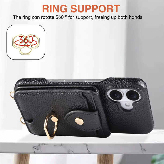 For iPhone 16 Plus Case with Card Holder, Shoulder Strap PC+TPU Ring Kickstand Phone Back Cover - Black - 5