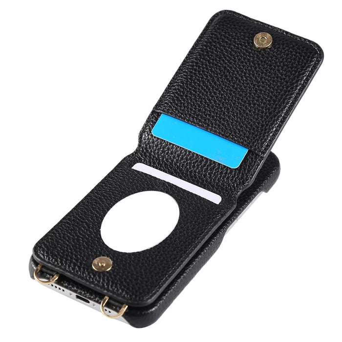 For iPhone 16 Plus Case with Card Holder, Shoulder Strap PC+TPU Ring Kickstand Phone Back Cover - Black - 6