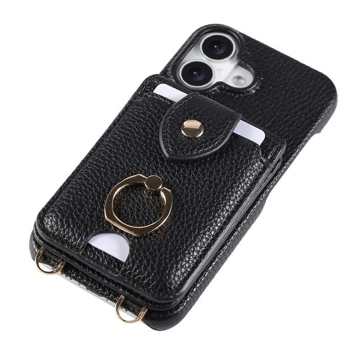 For iPhone 16 Plus Case with Card Holder, Shoulder Strap PC+TPU Ring Kickstand Phone Back Cover - Black - 7
