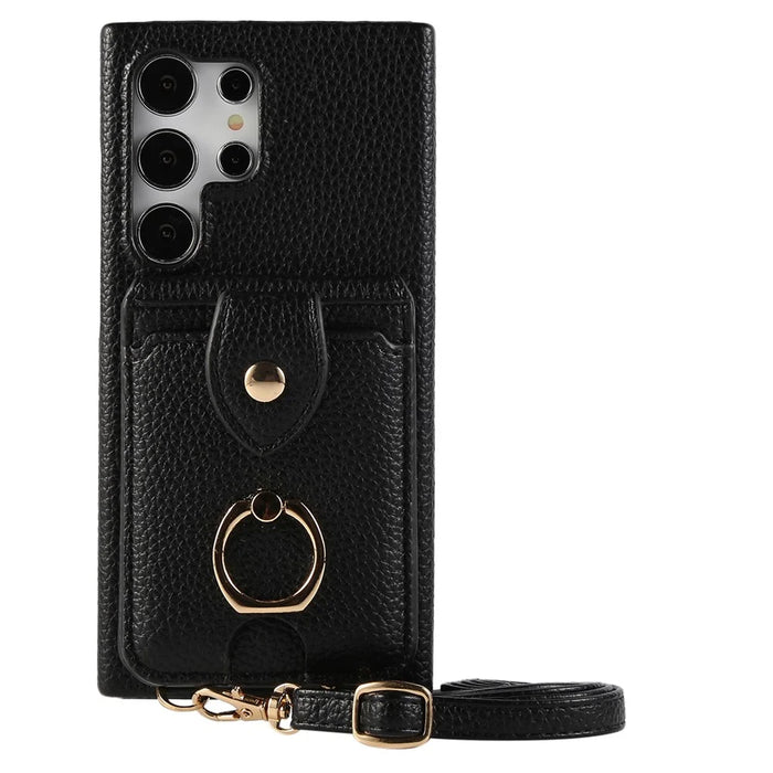 For Samsung Galaxy S24 Ultra Case with Card Holder, Shoulder Strap PC+TPU Ring Kickstand Phone Back Cover - Black - 1