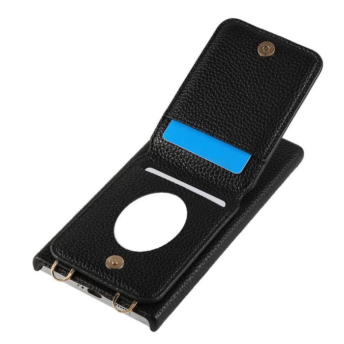 For Samsung Galaxy S24 Ultra Case with Card Holder, Shoulder Strap PC+TPU Ring Kickstand Phone Back Cover - Black - 3