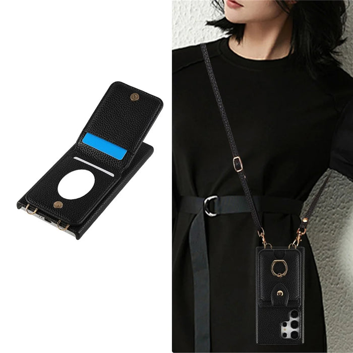 For Samsung Galaxy S24 Ultra Case with Card Holder, Shoulder Strap PC+TPU Ring Kickstand Phone Back Cover - Black - 5