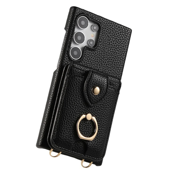 For Samsung Galaxy S24 Ultra Case with Card Holder, Shoulder Strap PC+TPU Ring Kickstand Phone Back Cover - Black - 6