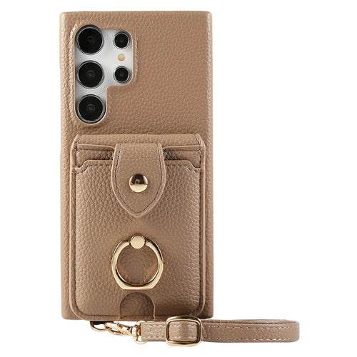 For Samsung Galaxy S23 Ultra Case with Card Holder, Shoulder Strap PC+TPU Ring Kickstand Phone Back Cover - Light Tan - 1