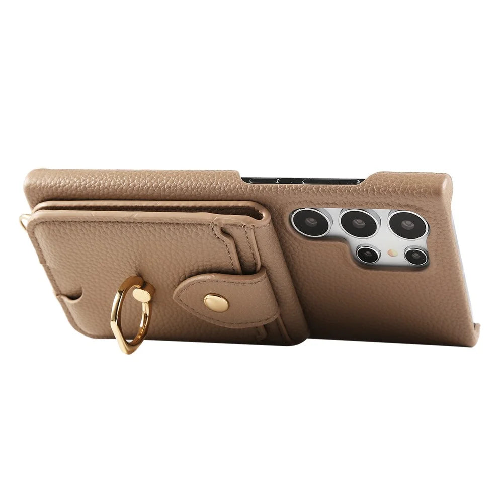 For Samsung Galaxy S23 Ultra Case with Card Holder, Shoulder Strap PC+TPU Ring Kickstand Phone Back Cover - Light Tan - 2