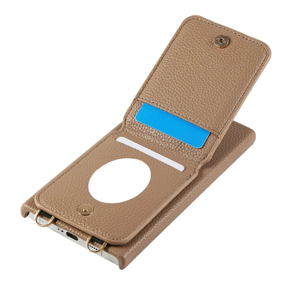 For Samsung Galaxy S23 Ultra Case with Card Holder, Shoulder Strap PC+TPU Ring Kickstand Phone Back Cover - Light Tan - 3
