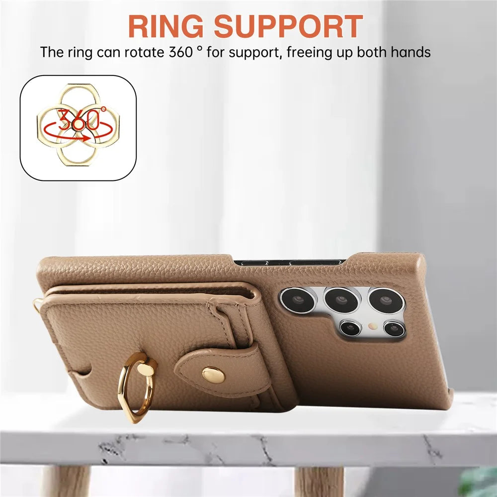 For Samsung Galaxy S23 Ultra Case with Card Holder, Shoulder Strap PC+TPU Ring Kickstand Phone Back Cover - Light Tan - 4