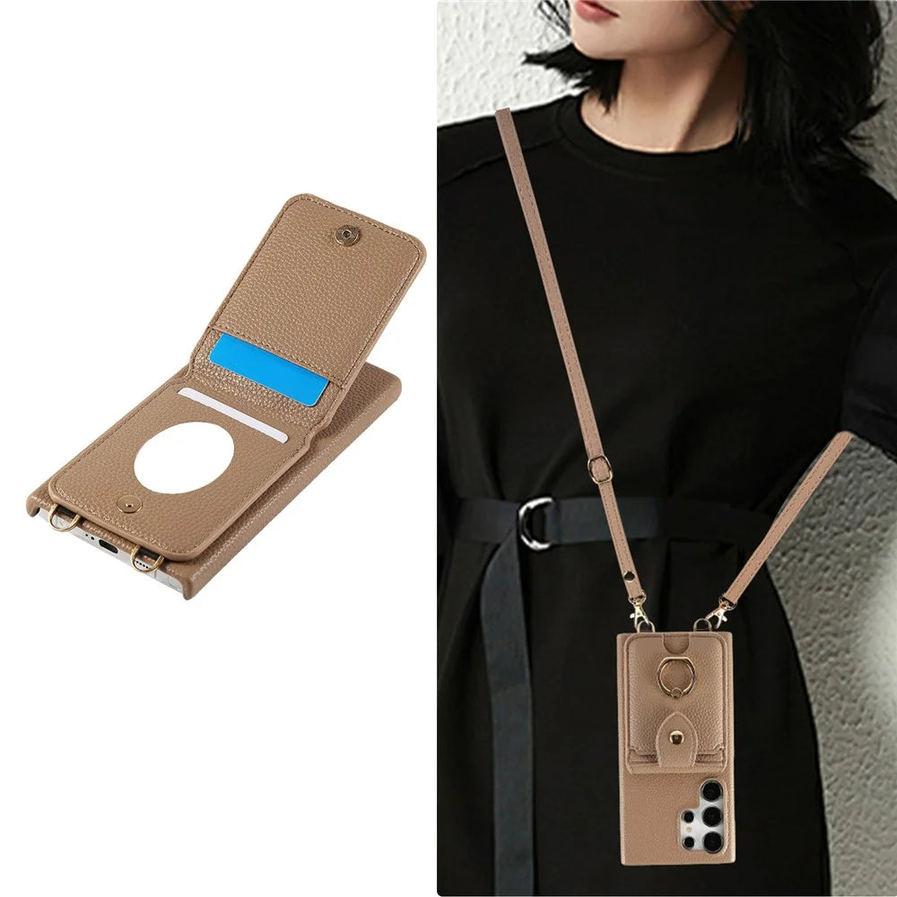 For Samsung Galaxy S23 Ultra Case with Card Holder, Shoulder Strap PC+TPU Ring Kickstand Phone Back Cover - Light Tan - 5