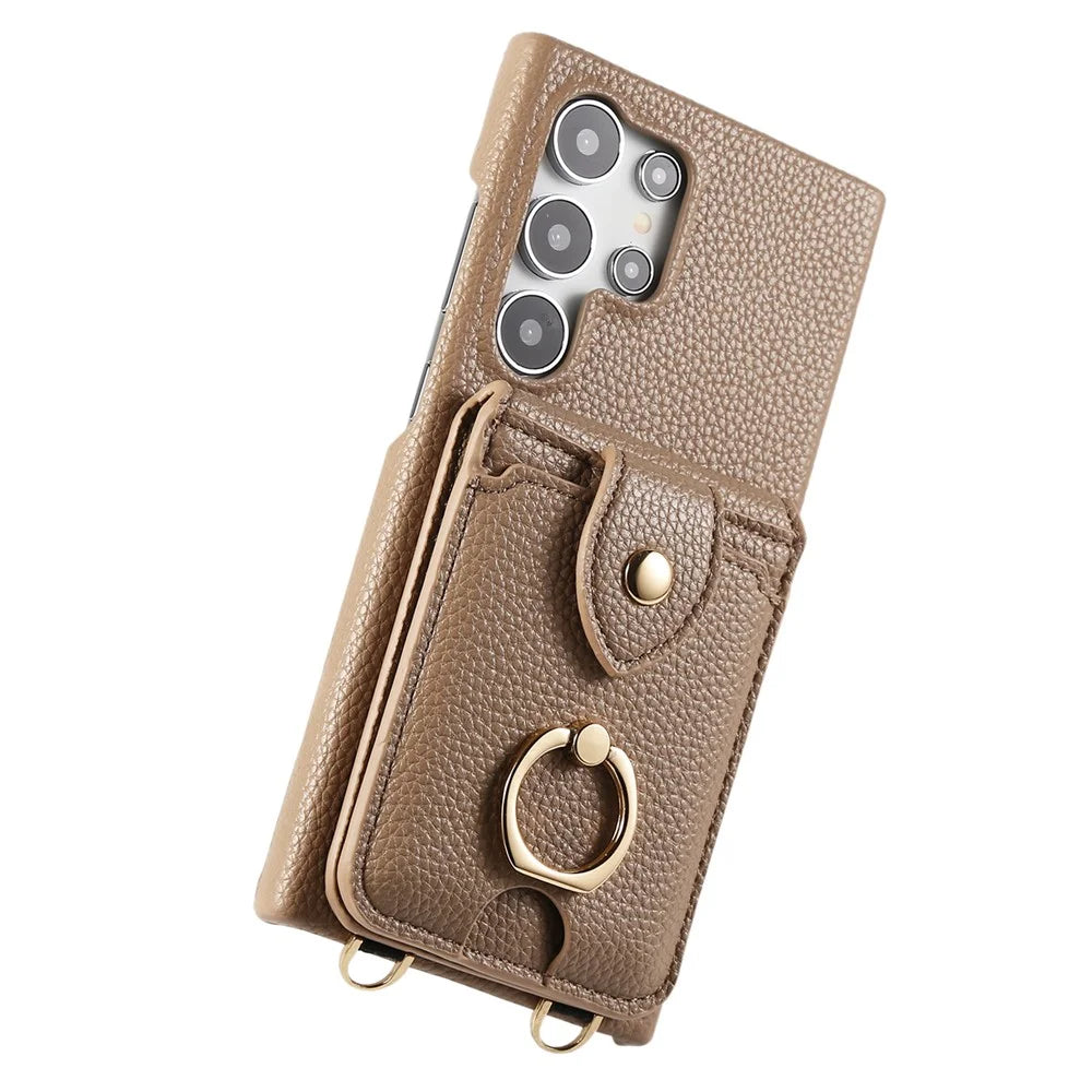 For Samsung Galaxy S23 Ultra Case with Card Holder, Shoulder Strap PC+TPU Ring Kickstand Phone Back Cover - Light Tan - 6