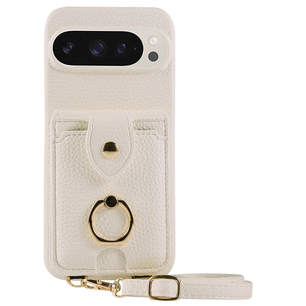 For Google Pixel 9 Pro XL  /  9 Pro Case with Card Holder, Shoulder Strap PC+TPU Ring Kickstand Phone Back Cover - White - 1