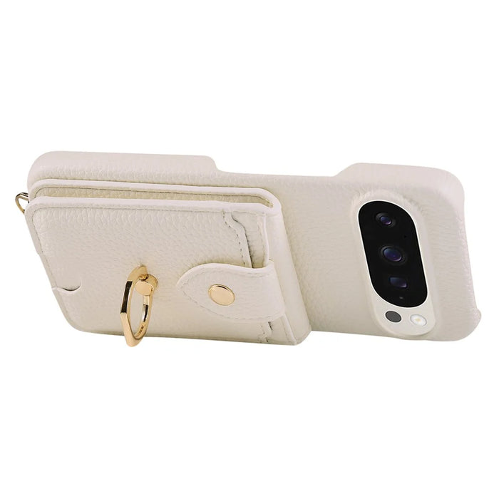 For Google Pixel 9 Pro XL  /  9 Pro Case with Card Holder, Shoulder Strap PC+TPU Ring Kickstand Phone Back Cover - White - 2