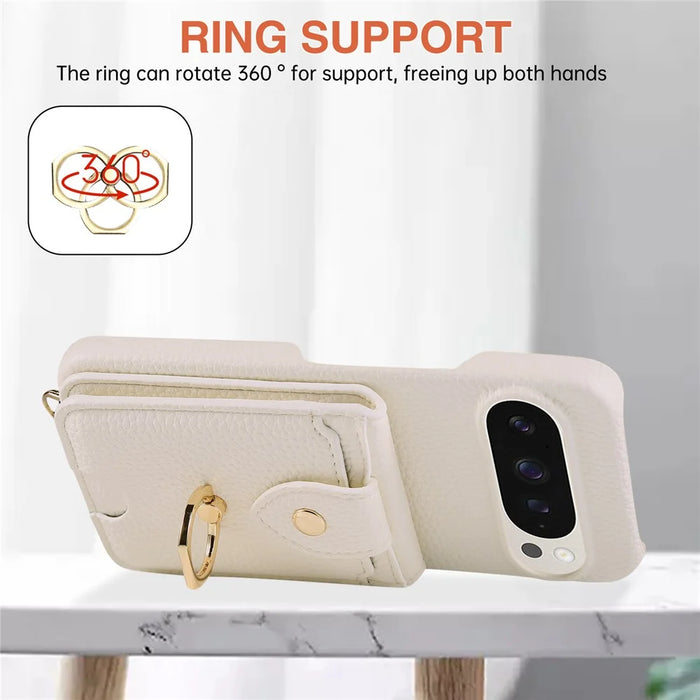 For Google Pixel 9 Pro XL  /  9 Pro Case with Card Holder, Shoulder Strap PC+TPU Ring Kickstand Phone Back Cover - White - 5