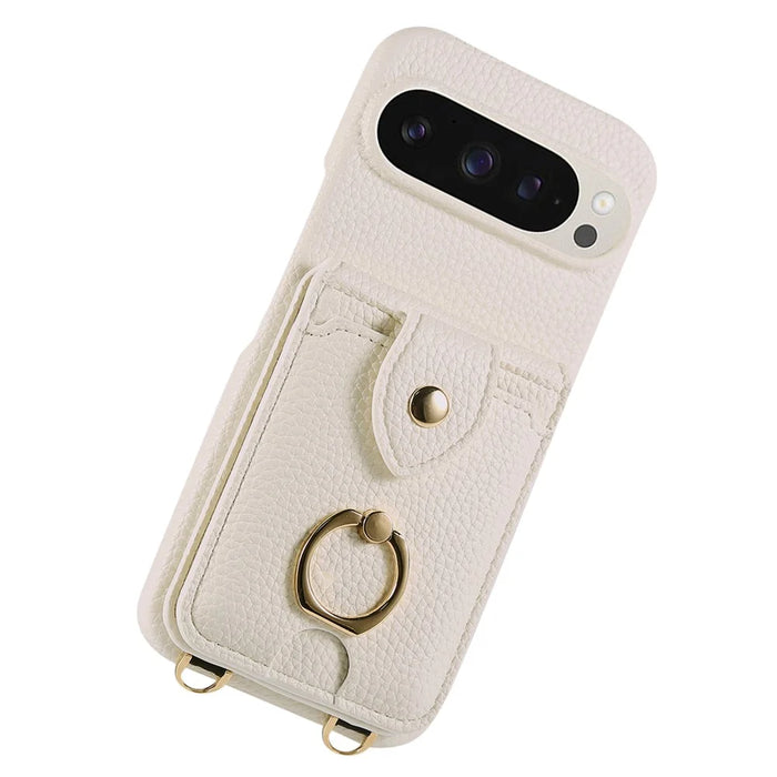 For Google Pixel 9 Pro XL  /  9 Pro Case with Card Holder, Shoulder Strap PC+TPU Ring Kickstand Phone Back Cover - White - 6