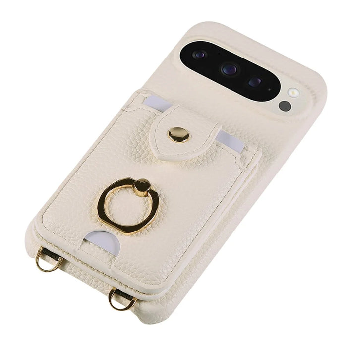 For Google Pixel 9 Pro XL  /  9 Pro Case with Card Holder, Shoulder Strap PC+TPU Ring Kickstand Phone Back Cover - White - 7