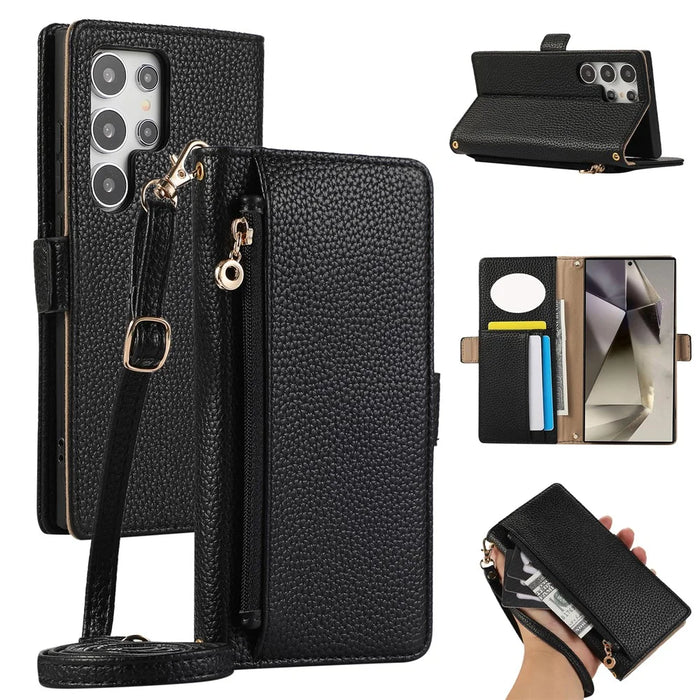 For Samsung Galaxy S24 Ultra Wallet Phone Case Shockproof TPU+PU Leather Flip Cover with Mirror, Strap - Black - 1