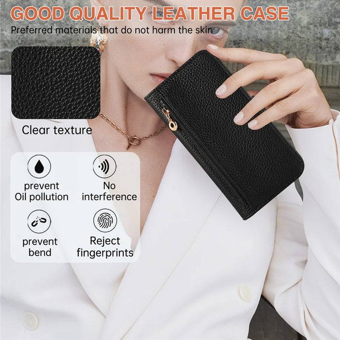 For Samsung Galaxy S24 Ultra Wallet Phone Case Shockproof TPU+PU Leather Flip Cover with Mirror, Strap - Black - 6