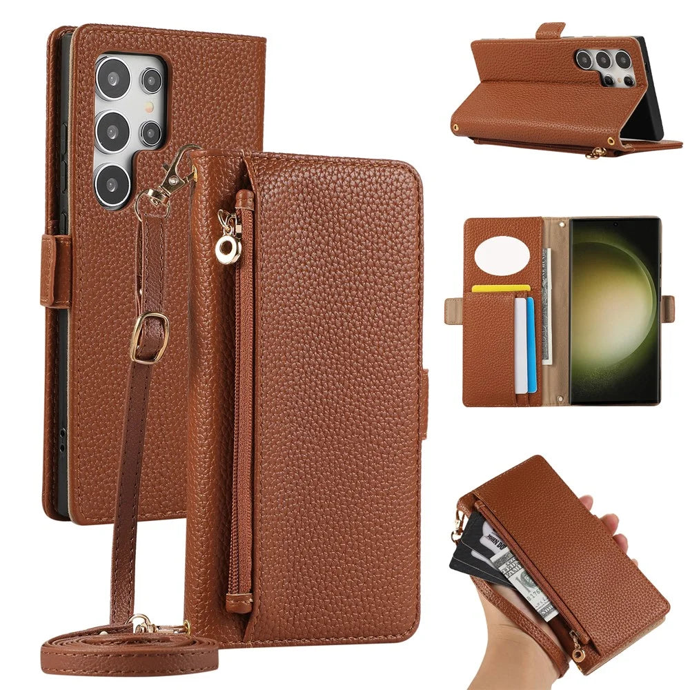For Samsung Galaxy S23 Ultra Wallet Phone Case Shockproof TPU+PU Leather Flip Cover with Mirror, Strap - Brown - 1