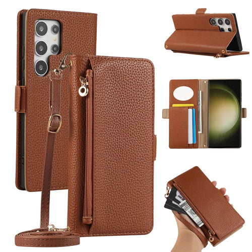For Samsung Galaxy S23 Ultra Wallet Phone Case Shockproof TPU+PU Leather Flip Cover with Mirror, Strap - Brown - 1