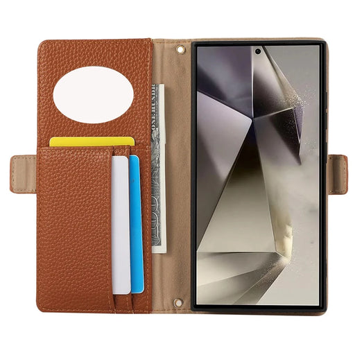 For Samsung Galaxy S23 Ultra Wallet Phone Case Shockproof TPU+PU Leather Flip Cover with Mirror, Strap - Brown - 2