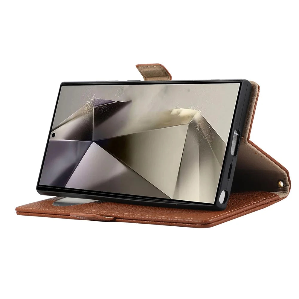 For Samsung Galaxy S23 Ultra Wallet Phone Case Shockproof TPU+PU Leather Flip Cover with Mirror, Strap - Brown - 3