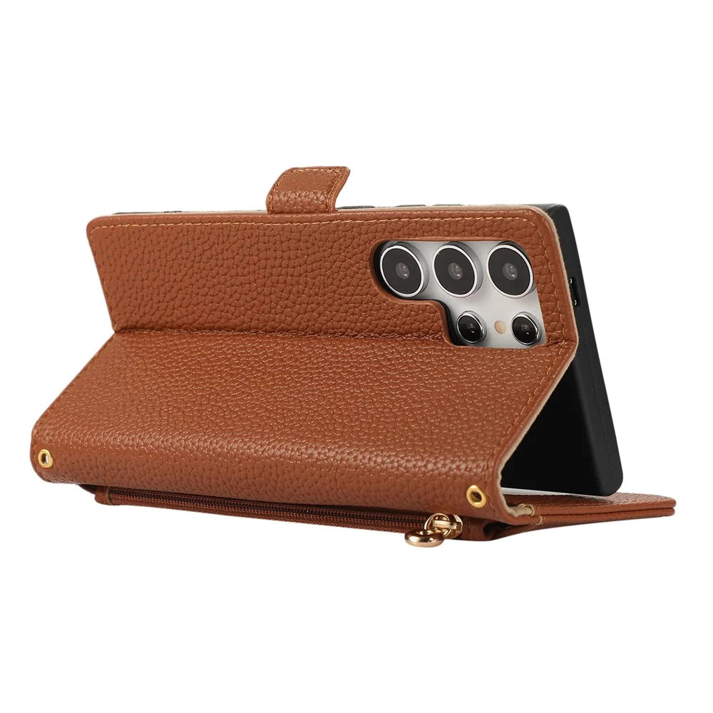 For Samsung Galaxy S23 Ultra Wallet Phone Case Shockproof TPU+PU Leather Flip Cover with Mirror, Strap - Brown - 4