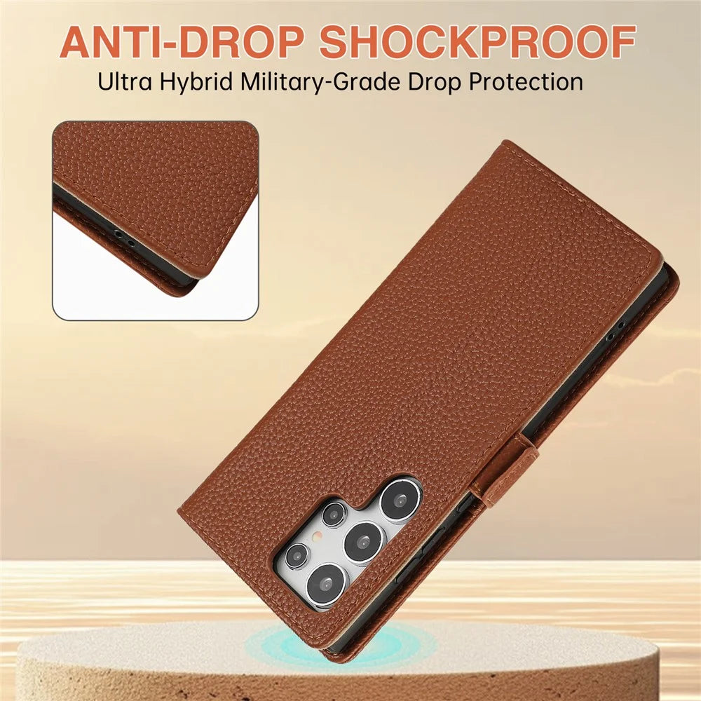 For Samsung Galaxy S23 Ultra Wallet Phone Case Shockproof TPU+PU Leather Flip Cover with Mirror, Strap - Brown - 5