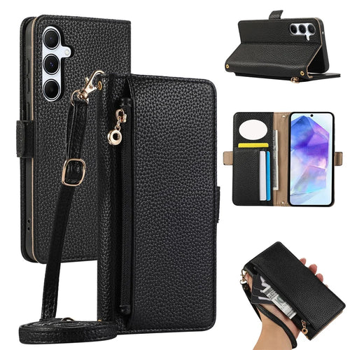 For Samsung Galaxy A55 5G Wallet Phone Case Shockproof TPU+PU Leather Flip Cover with Mirror, Strap - Black - 1