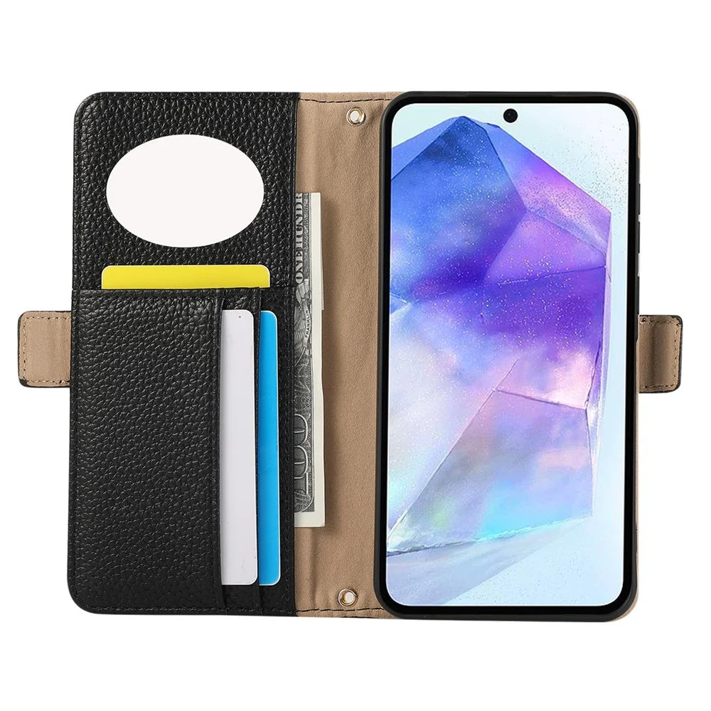 For Samsung Galaxy A55 5G Wallet Phone Case Shockproof TPU+PU Leather Flip Cover with Mirror, Strap - Black - 2