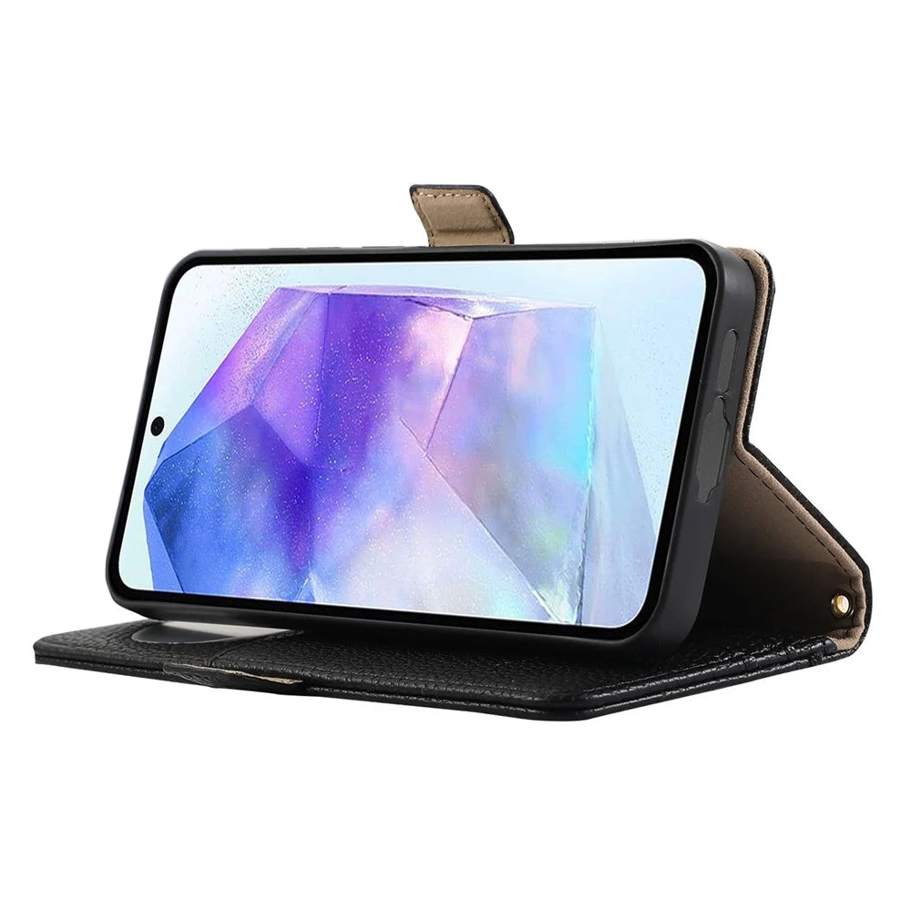 For Samsung Galaxy A55 5G Wallet Phone Case Shockproof TPU+PU Leather Flip Cover with Mirror, Strap - Black - 3
