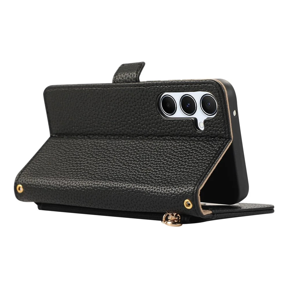 For Samsung Galaxy A55 5G Wallet Phone Case Shockproof TPU+PU Leather Flip Cover with Mirror, Strap - Black - 4