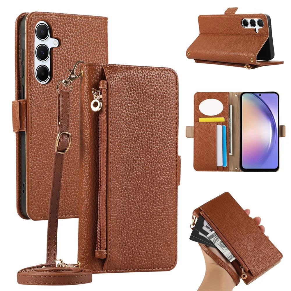 For Samsung Galaxy A54 5G Wallet Phone Case Shockproof TPU+PU Leather Flip Cover with Mirror, Strap - Brown - 1