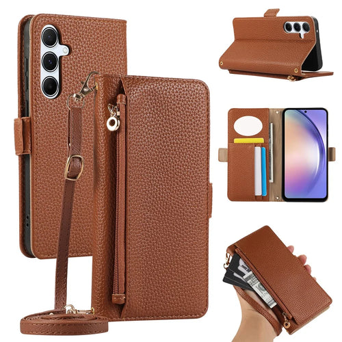 For Samsung Galaxy A54 5G Wallet Phone Case Shockproof TPU+PU Leather Flip Cover with Mirror, Strap - Brown - 1