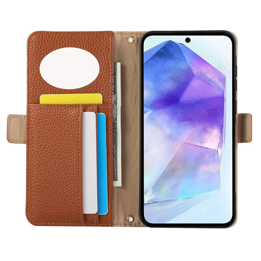 For Samsung Galaxy A54 5G Wallet Phone Case Shockproof TPU+PU Leather Flip Cover with Mirror, Strap - Brown - 2