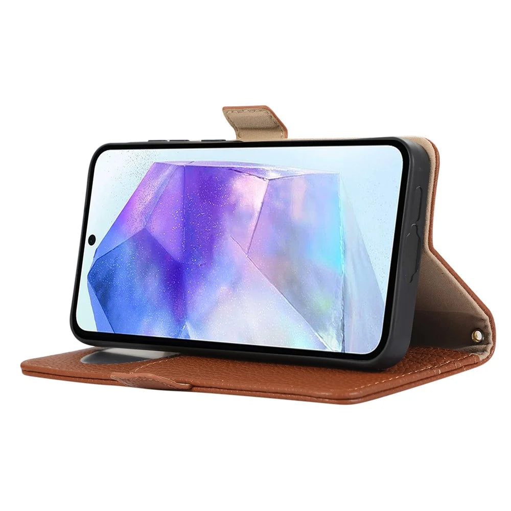 For Samsung Galaxy A54 5G Wallet Phone Case Shockproof TPU+PU Leather Flip Cover with Mirror, Strap - Brown - 3