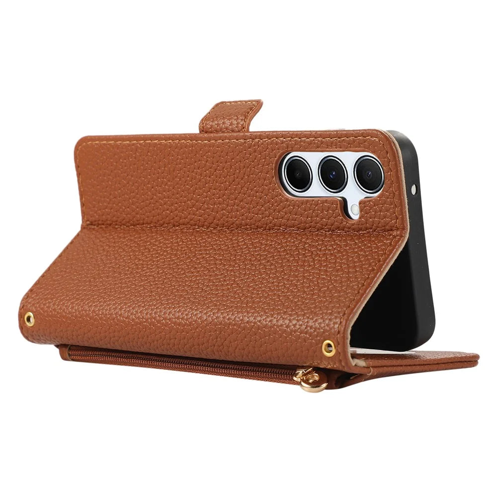 For Samsung Galaxy A54 5G Wallet Phone Case Shockproof TPU+PU Leather Flip Cover with Mirror, Strap - Brown - 4
