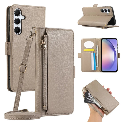 For Samsung Galaxy A35 5G Wallet Phone Case Shockproof TPU+PU Leather Flip Cover with Mirror, Strap - Khaki - 1