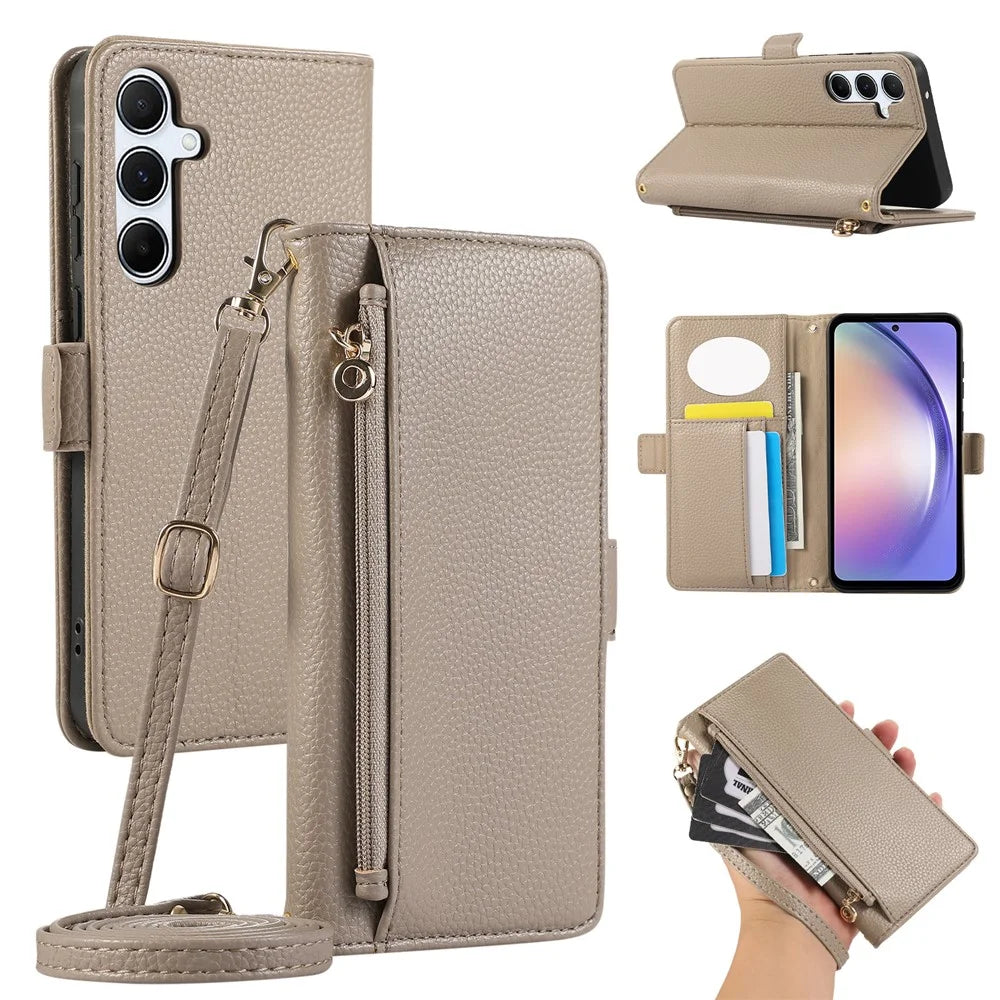 For Samsung Galaxy A35 5G Wallet Phone Case Shockproof TPU+PU Leather Flip Cover with Mirror, Strap - Khaki - 1