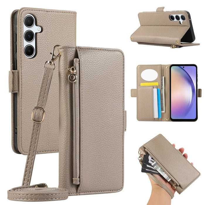 For Samsung Galaxy A35 5G Wallet Phone Case Shockproof TPU+PU Leather Flip Cover with Mirror, Strap - Khaki - 1