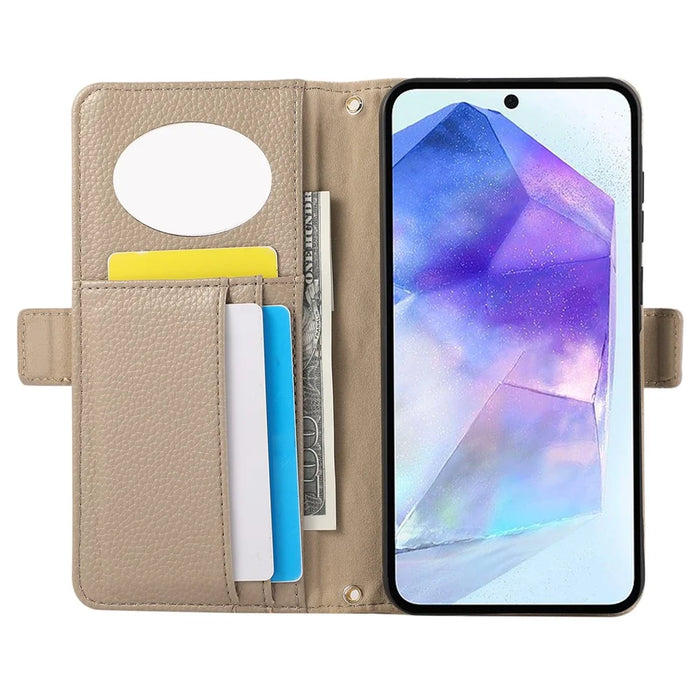 For Samsung Galaxy A35 5G Wallet Phone Case Shockproof TPU+PU Leather Flip Cover with Mirror, Strap - Khaki - 2