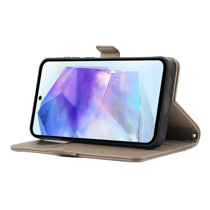 For Samsung Galaxy A35 5G Wallet Phone Case Shockproof TPU+PU Leather Flip Cover with Mirror, Strap - Khaki - 3