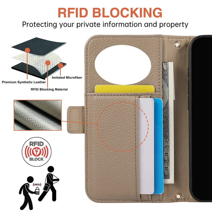 For Samsung Galaxy A35 5G Wallet Phone Case Shockproof TPU+PU Leather Flip Cover with Mirror, Strap - Khaki - 5