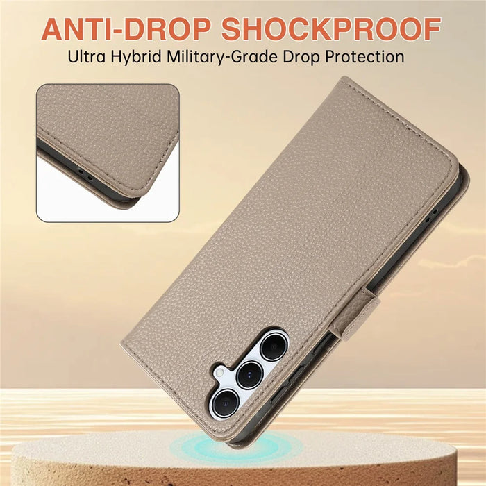 For Samsung Galaxy A35 5G Wallet Phone Case Shockproof TPU+PU Leather Flip Cover with Mirror, Strap - Khaki - 6