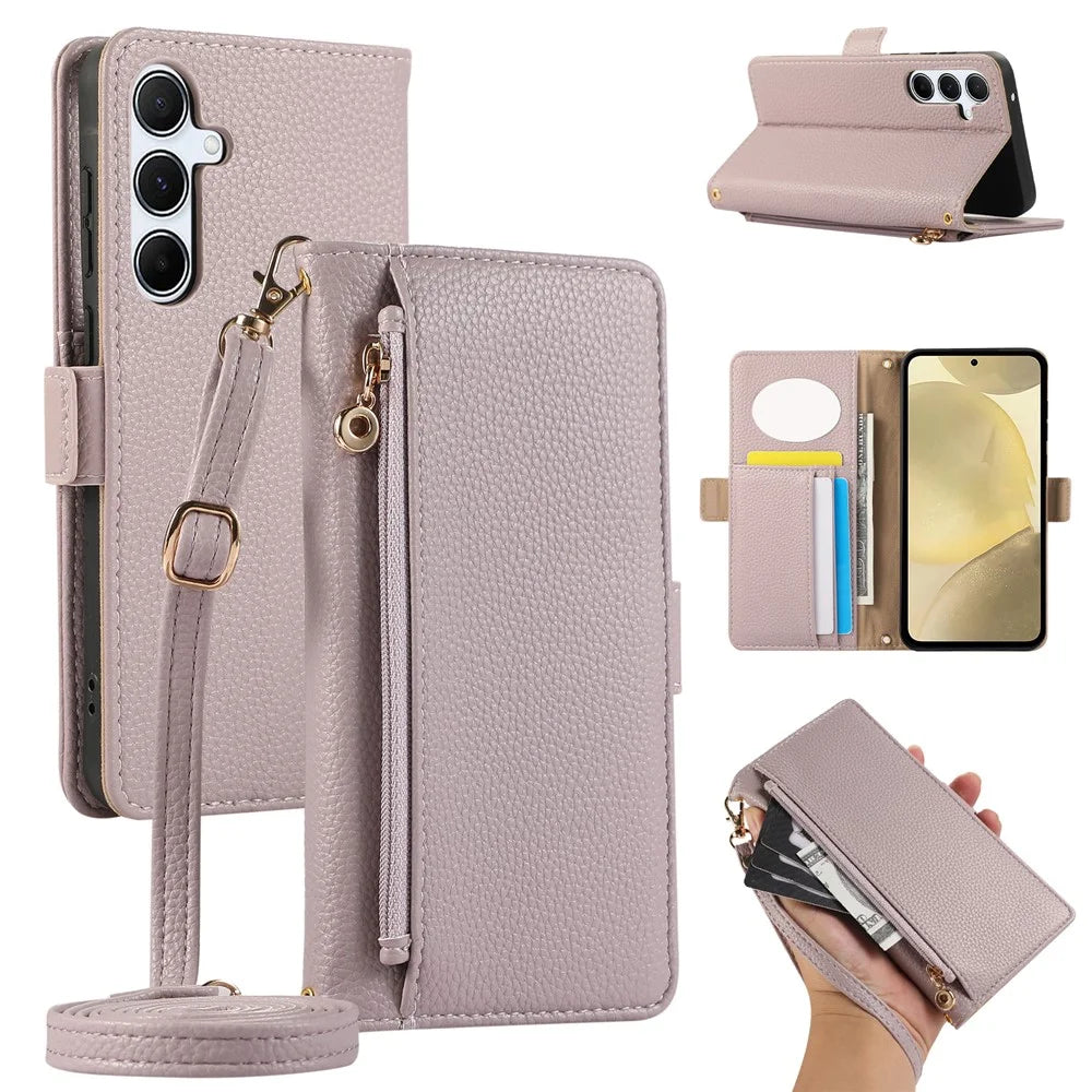 For Samsung Galaxy S24 Wallet Phone Case Shockproof TPU+PU Leather Flip Cover with Mirror, Strap - Purple - 1